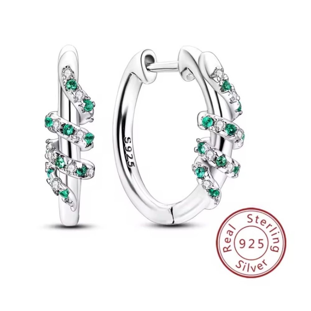 Sterling Silver mini hoop Earrings with green micro pave cz
